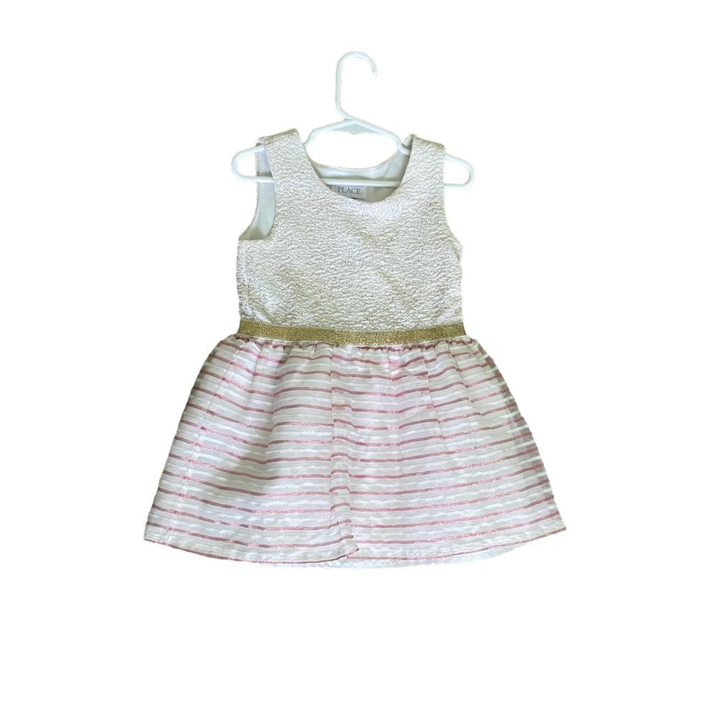 The Children's Place White Gold Glitter Kids Dress Pink & White Stripes |Size 4T